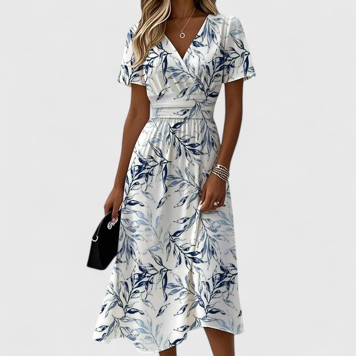 Elegant Wrap Dress for Women V-Neck Flutter-Sleeve Leaf-Print