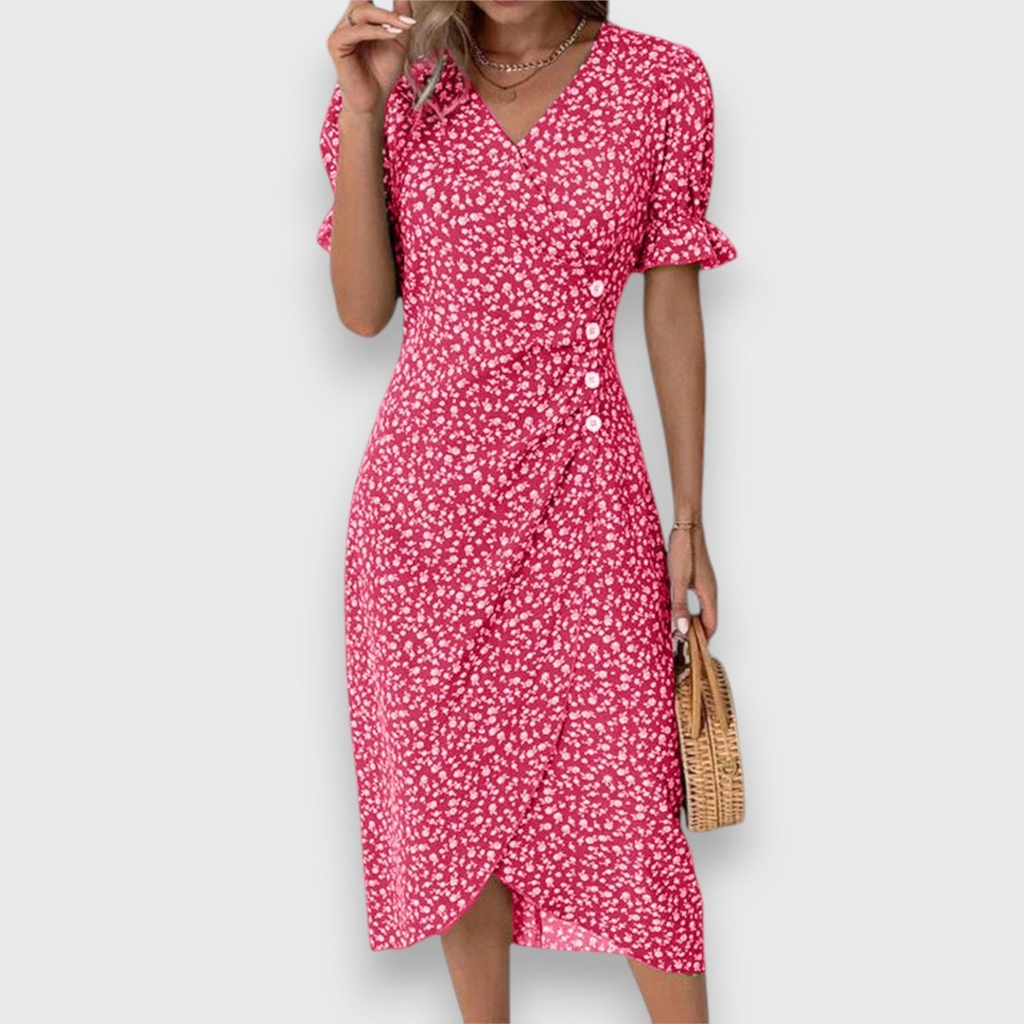 Elegant Midi Dress for Women Floral-Print Ruffle-Sleeve