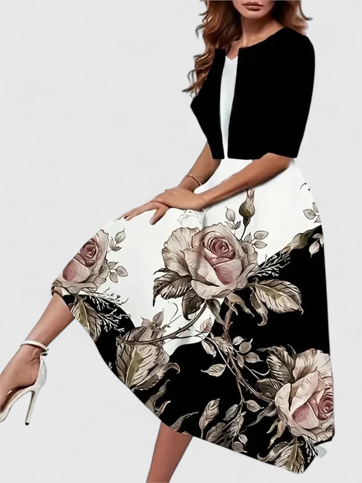 Elegant Midi Dress for Women Floral-Print Contrast-Bodice