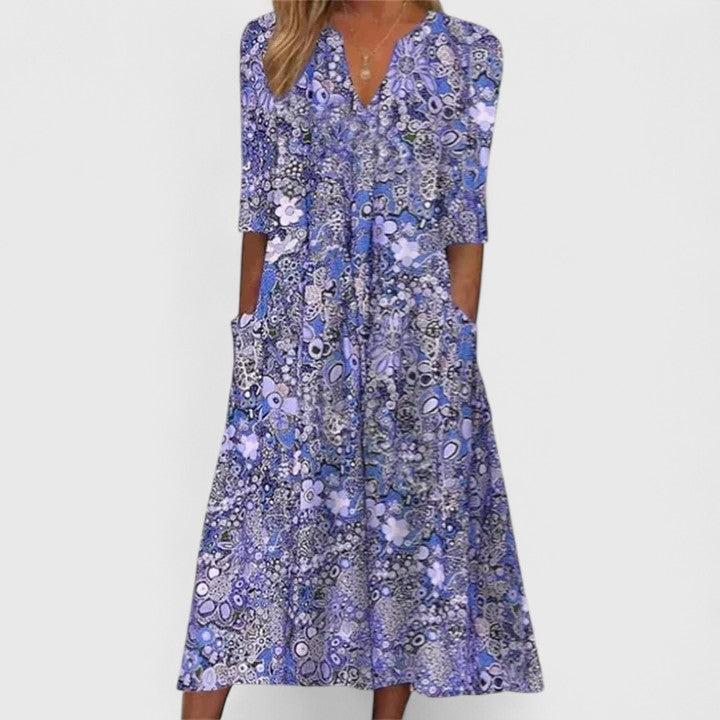 Elegant Floral-Print Midi Dress for Women Short-Sleeve Tiered