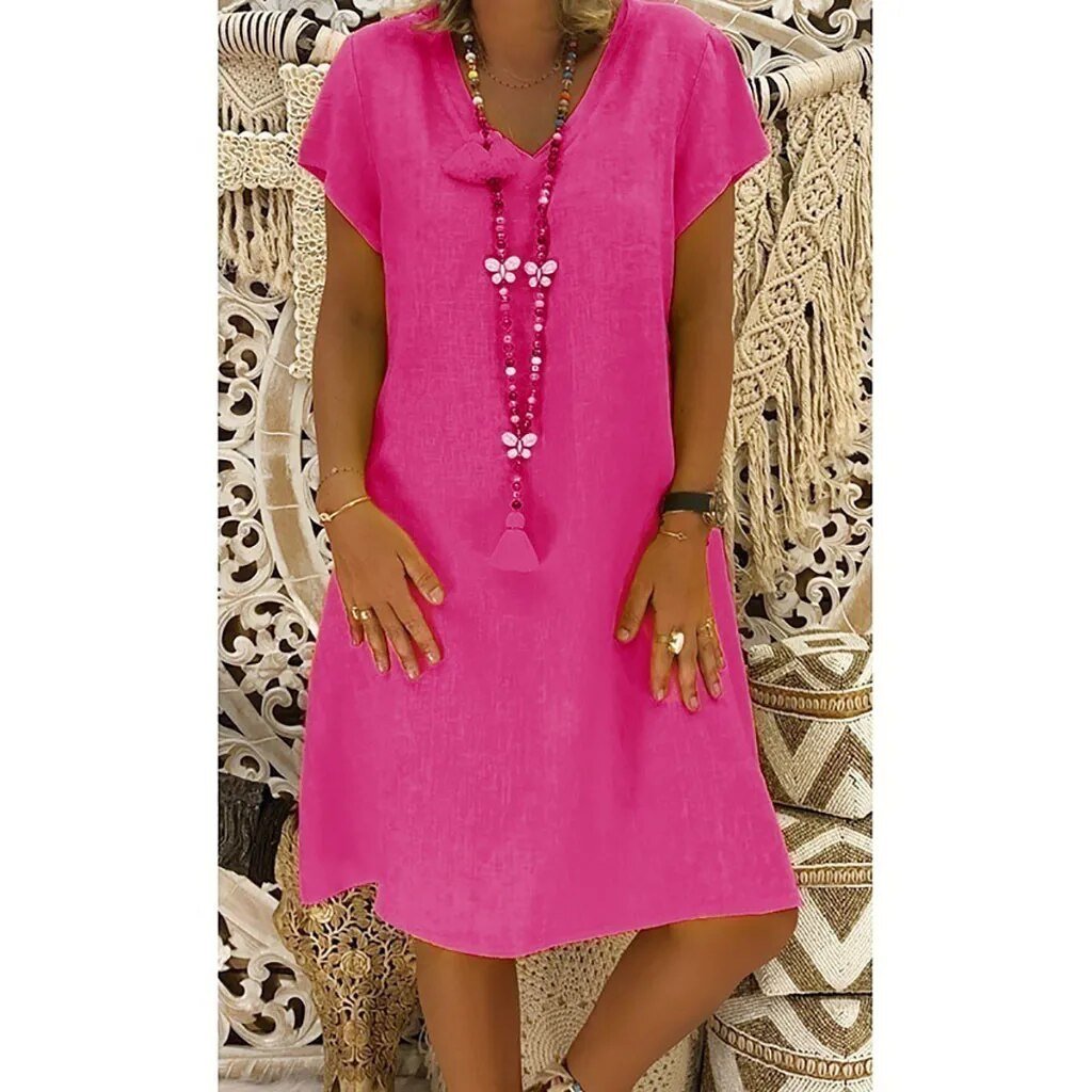 Effortless Linen Mini Dress for Women V-Neck A-Line Short-Sleeve