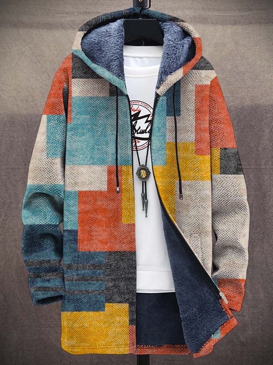 Classic Hooded Jacket for Men Abstract-Print Fleece-Lined