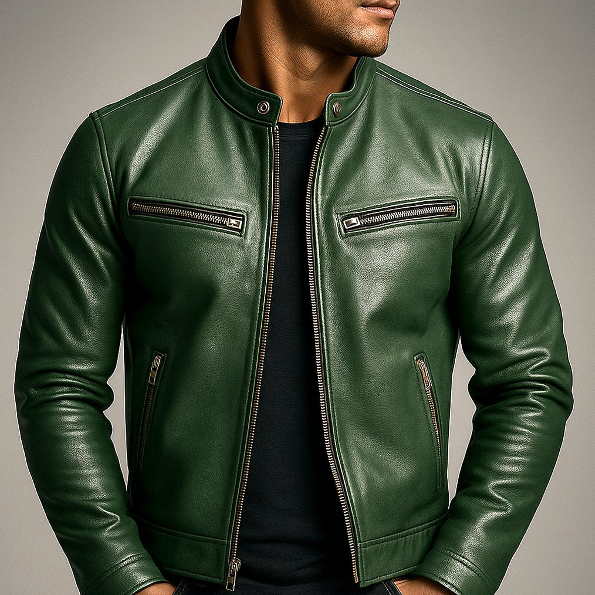 Classic Leather Jacket for Men Moto Full-Zip