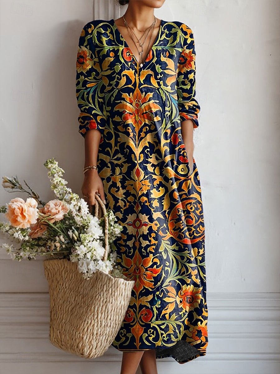 Effortless Maxi Dress for Women V-Neck Three-Quarter-Sleeve Baroque-Print