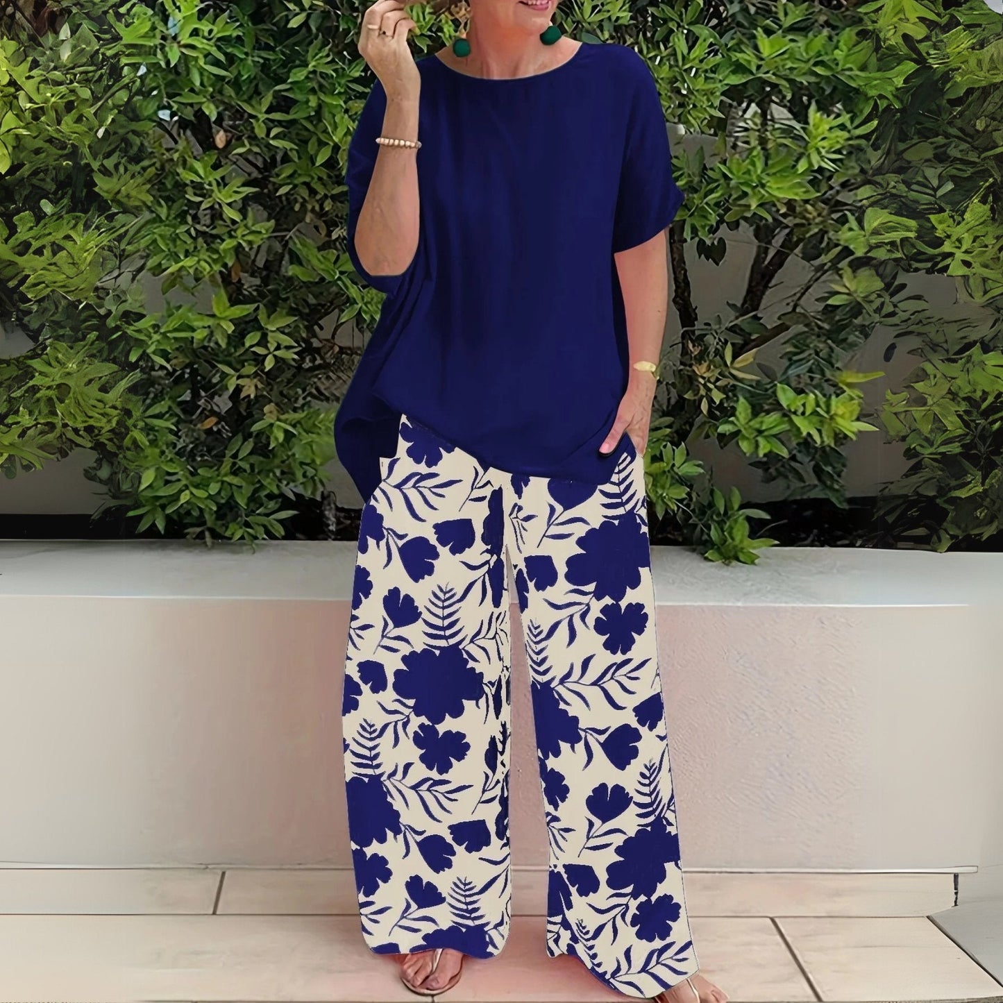 Effortless Two-Piece Set for Women Floral Wide-Leg Relaxed