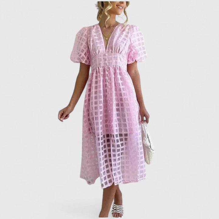 Elegant Midi Dress for Women V-Neck Puff-Sleeve Sheer-Check