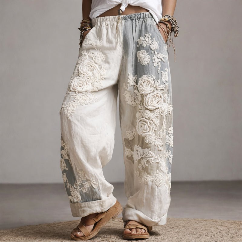 Elegant Wide-Leg Pants for Women Floral-Embroidered Drawstring