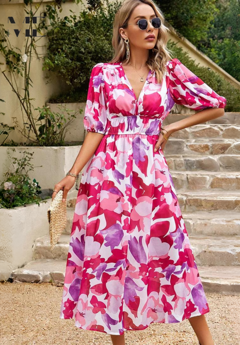 Elegant Midi Dress for Women V-Neck Puff-Sleeve Floral-Print