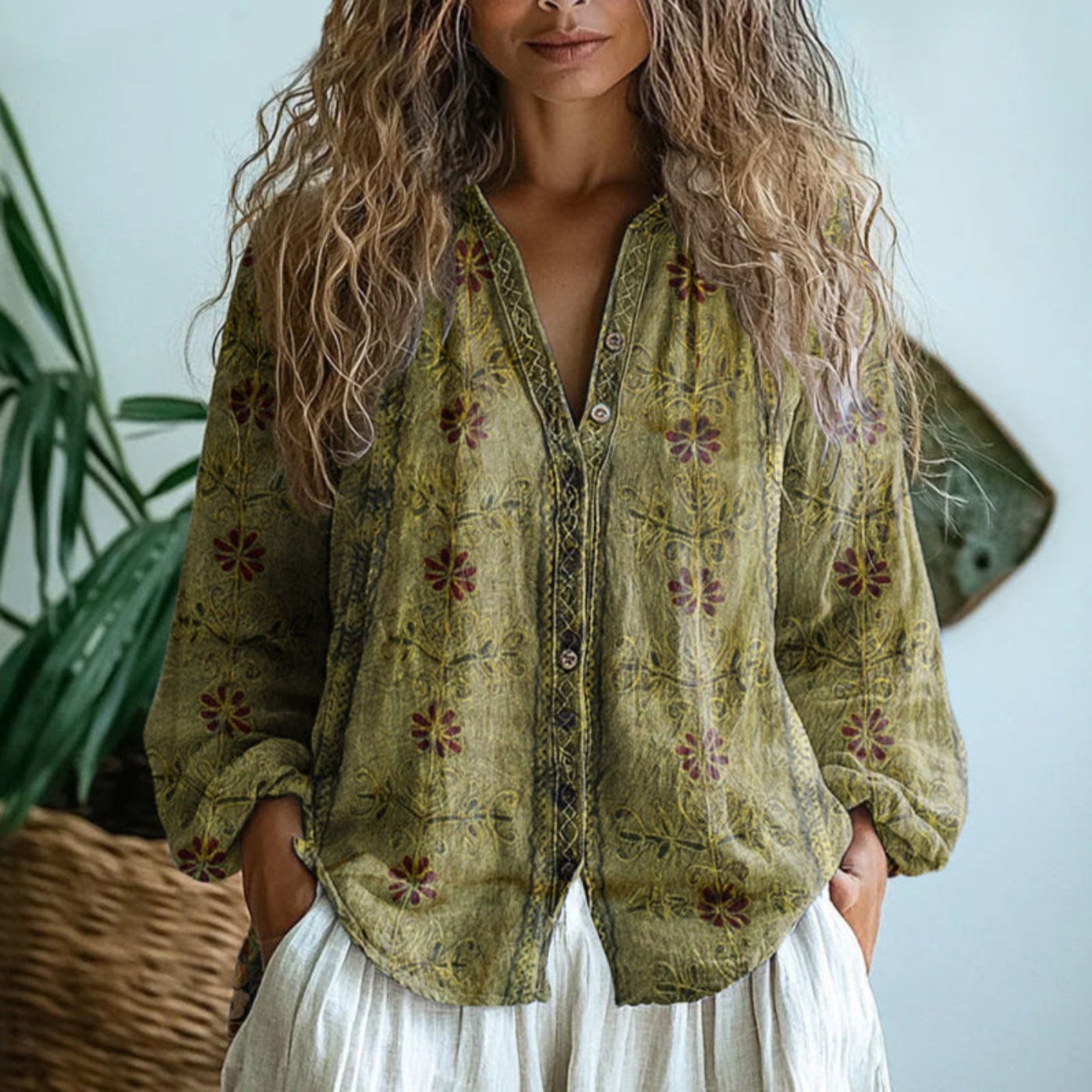 Stylish Blouse for Women Floral V-Neck Button-Down
