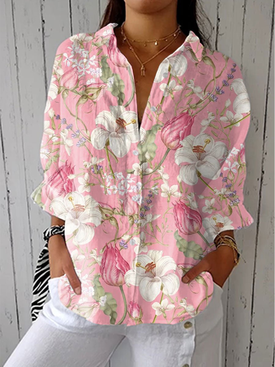 Effortless Blouse for Women Button-Front Long-Sleeve Floral-Print