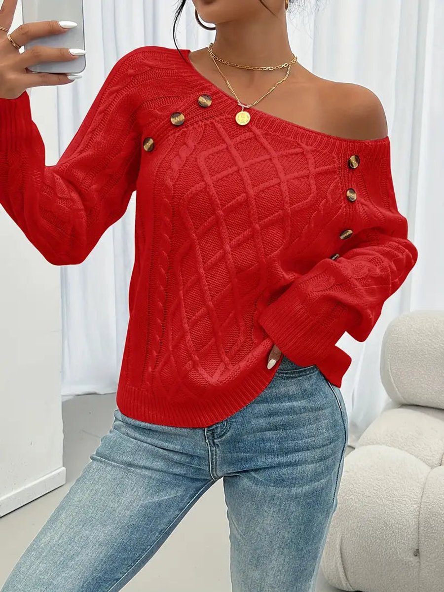 Comfortable Pullover Sweater for Women Cable-Knit Button-Detail
