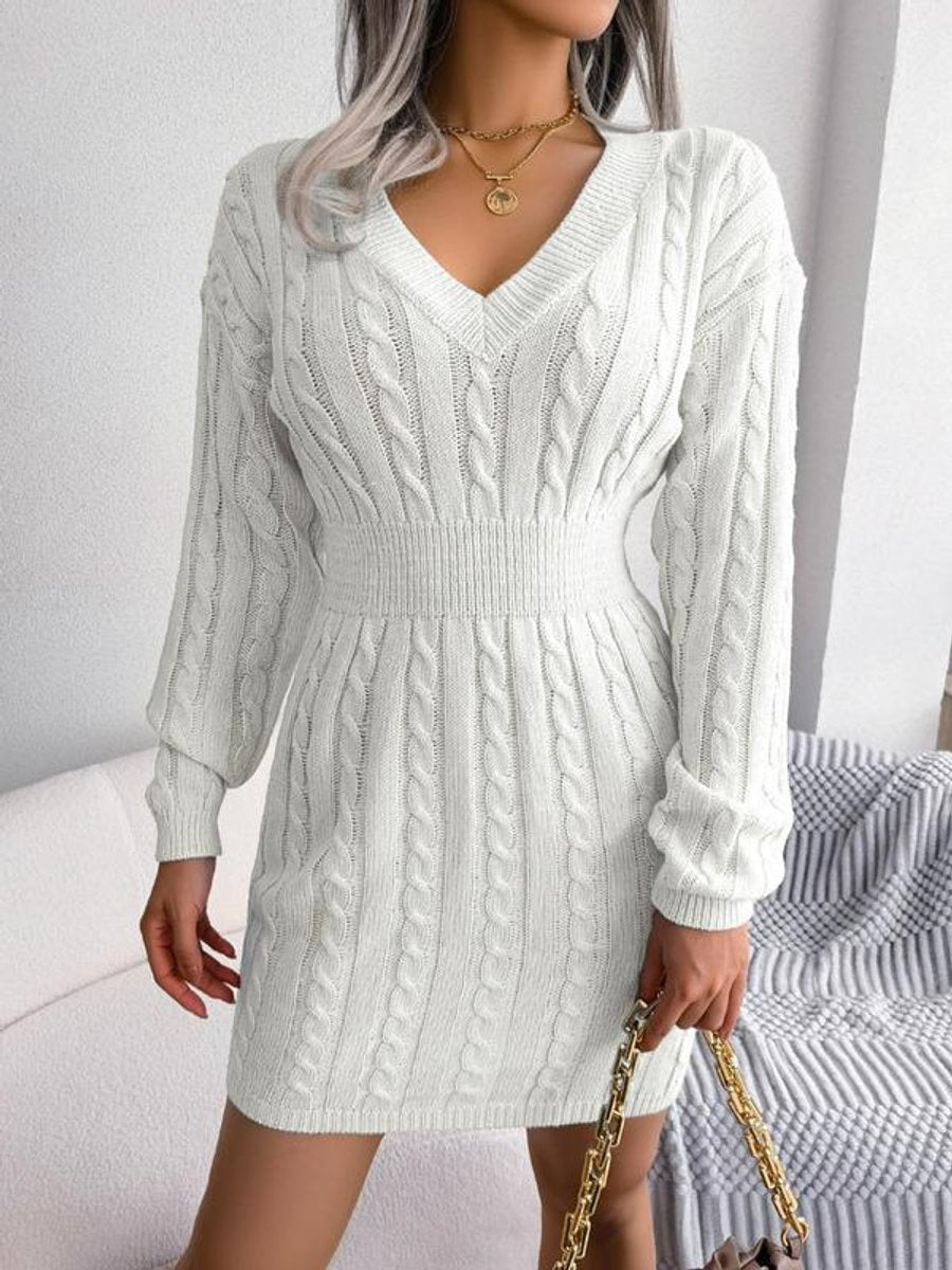Comfortable Sweater Dress for Women Cable-Knit V-Neck Long-Sleeve