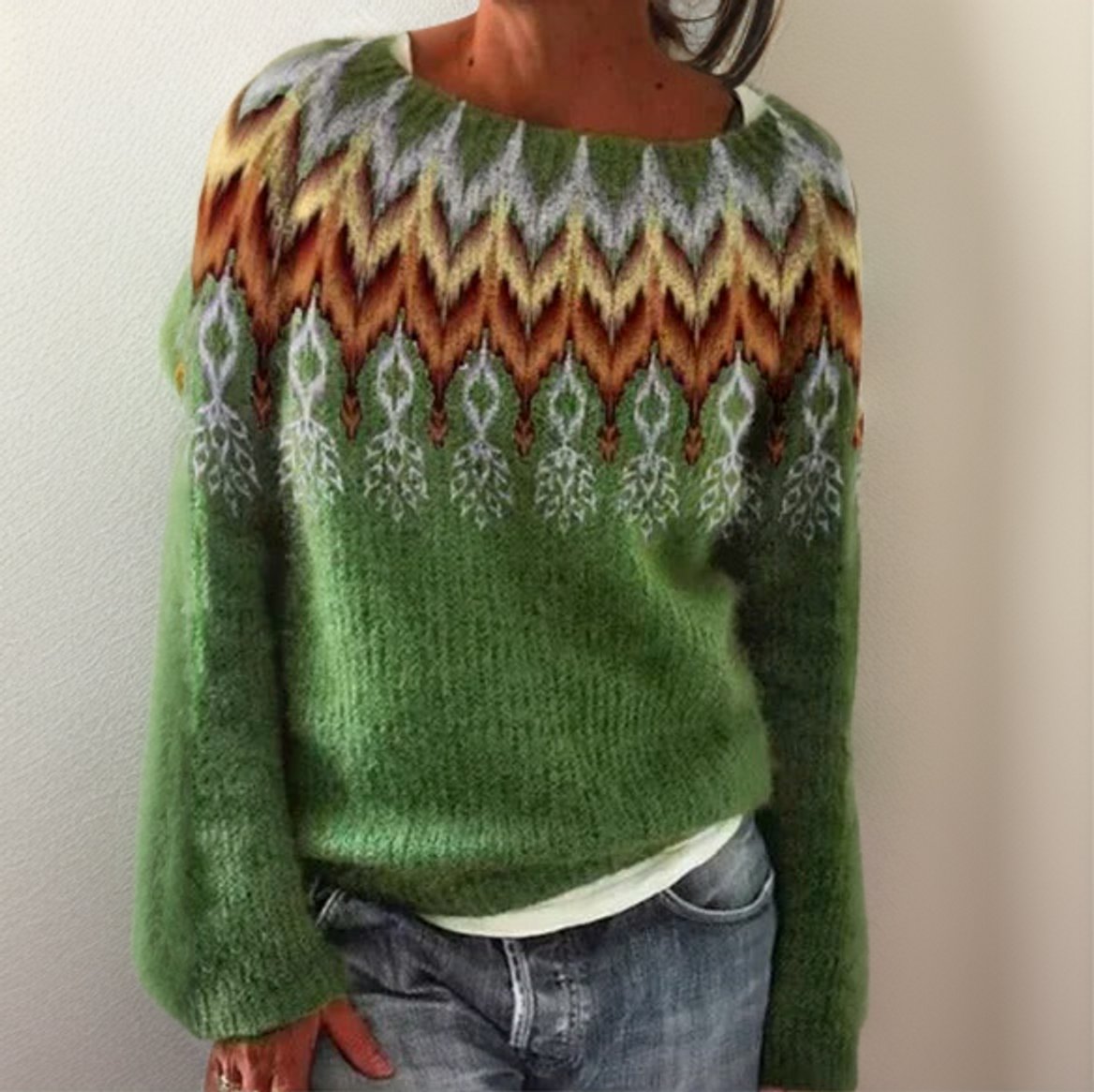 Comfortable Pullover Sweater for Women Fair-Isle Crewneck — Green