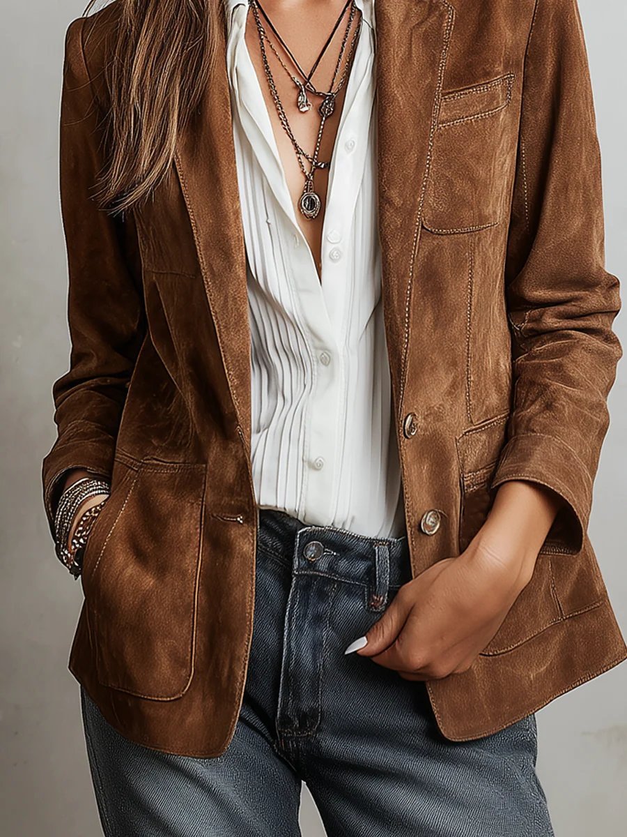 Elegant Blazer for Women Faux-Suede Tailored Single-Breasted