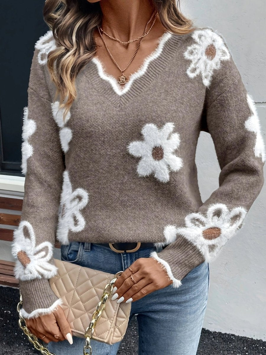 Stylish Pullover Sweater for Women V-Neck Daisy-Print