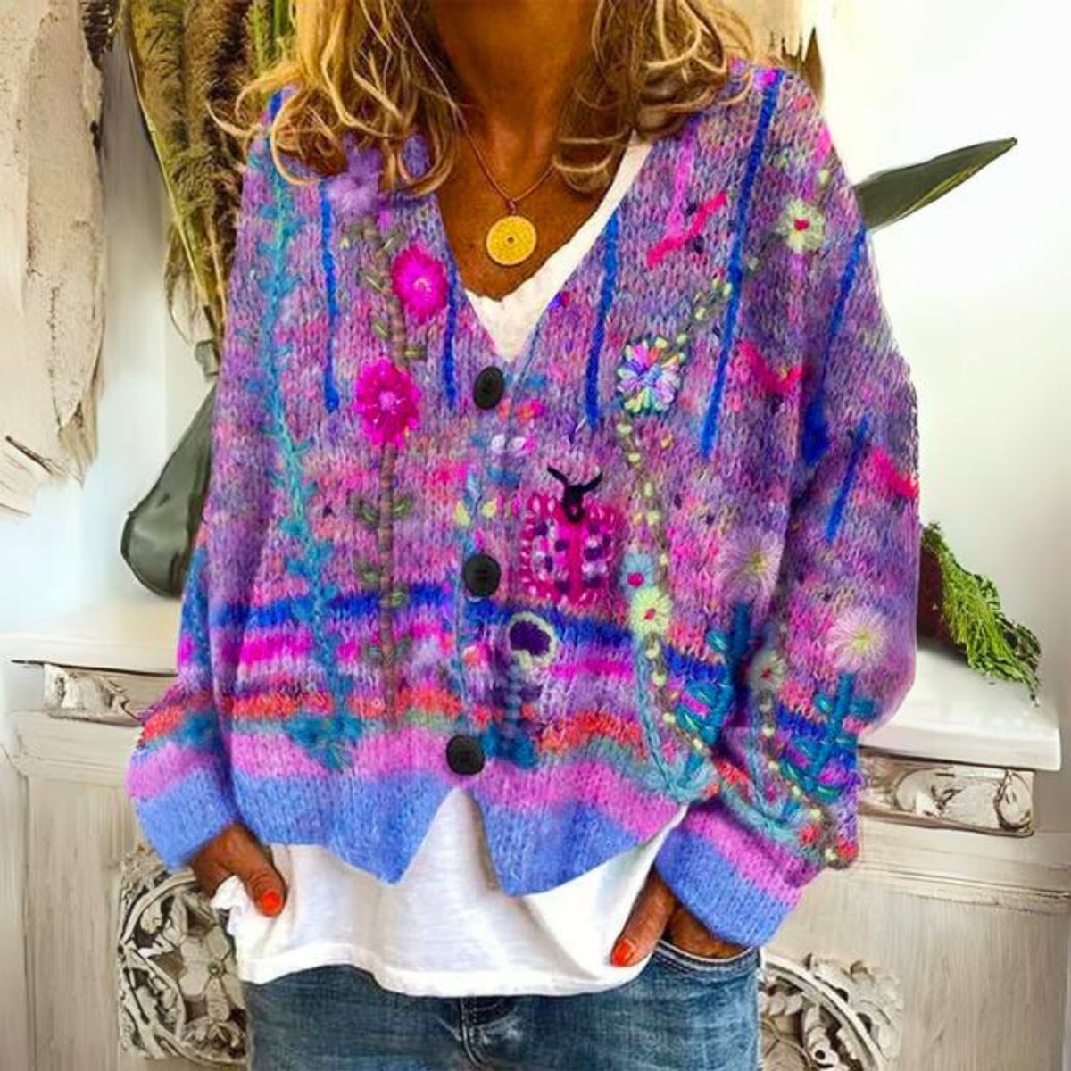 Elegant Cardigan for Women Floral-Embroidered Button-Front