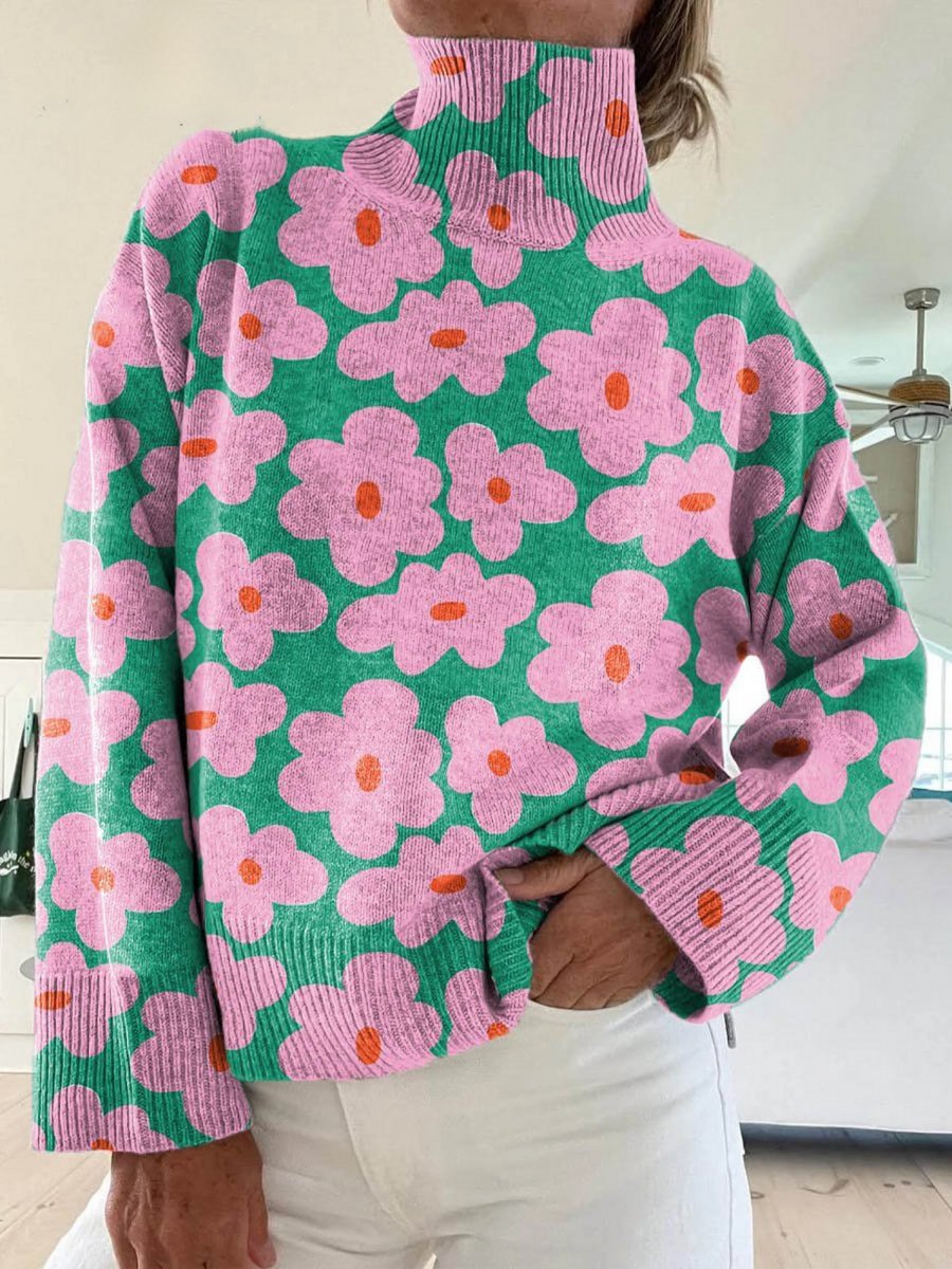 Stylish Turtleneck Sweater for Women Floral-Print Relaxed-Fit