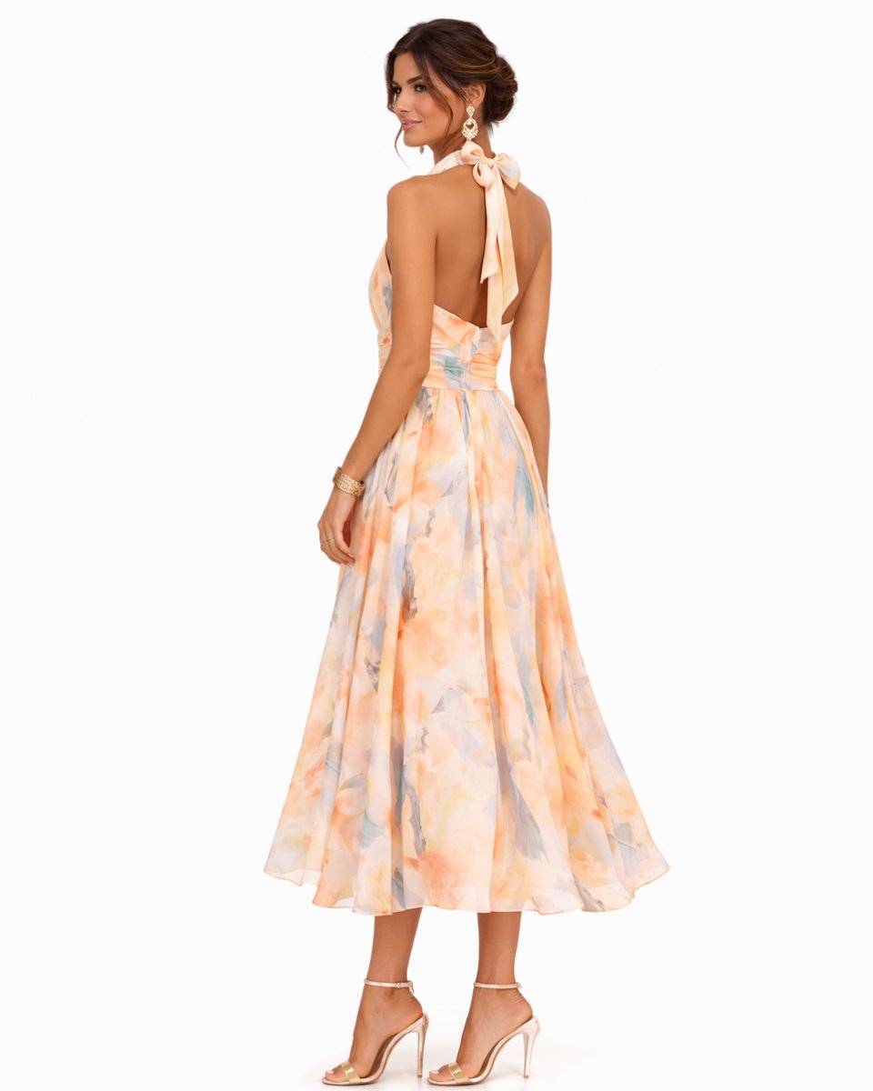 Elegant Midi Dress for Women Halter Watercolor-Print