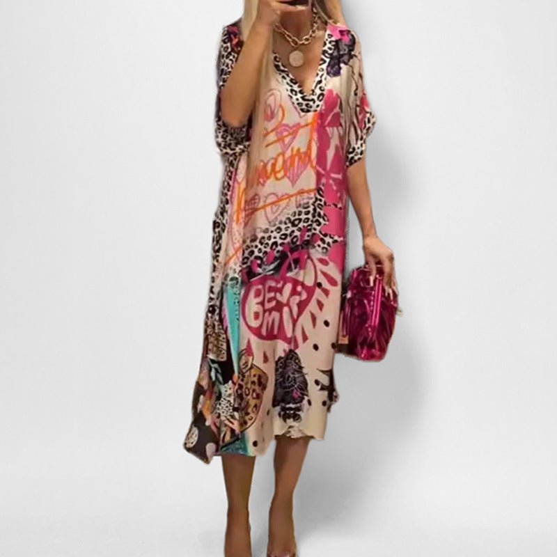 Stylish Tunic Dress for Women Graphic-Print V-Neck Swing
