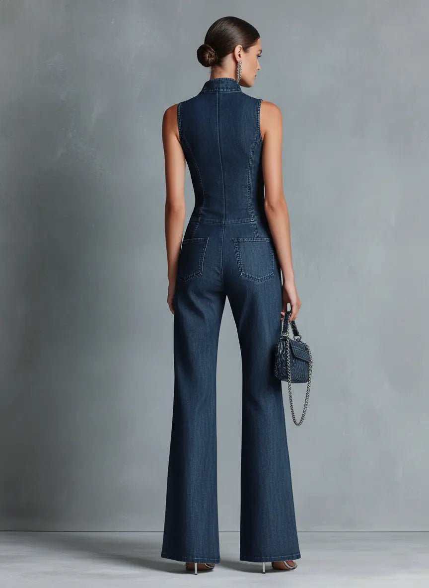 Stylish Jumpsuit for Women High-Neck Zip-Front Flare-Leg