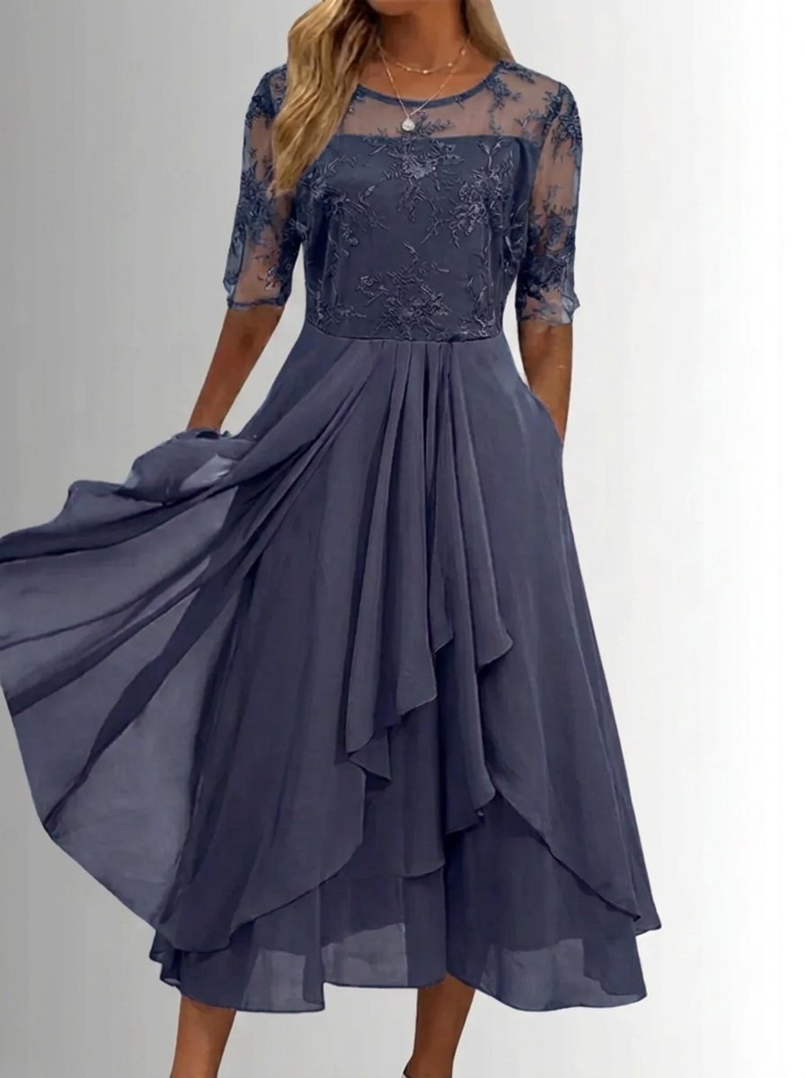 Elegant Midi Dress for Women Lace-Bodice Short-Sleeve
