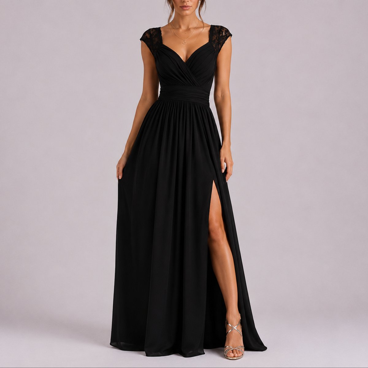 Elegant Maxi Dress for Women Wrap-Bodice Lace Side-Slit