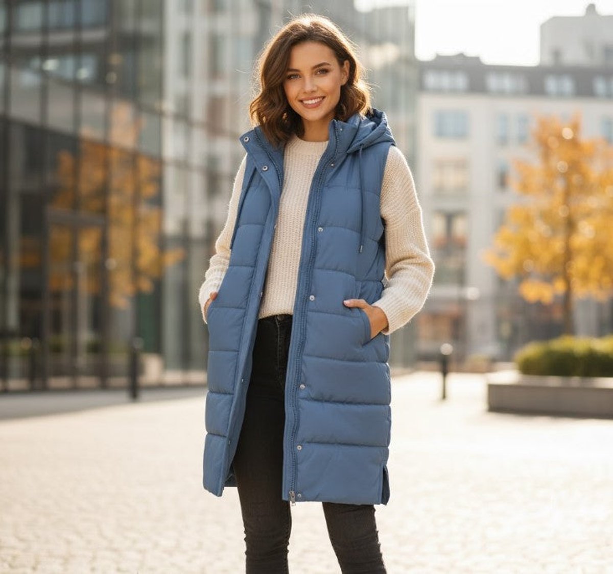 Stylish Long Puffer Vest for Women Hooded Quilted Sleeveless