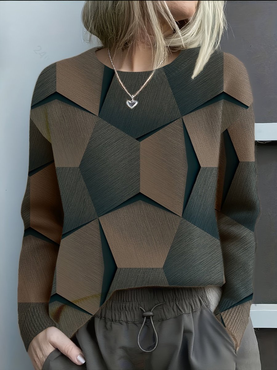 Stylish Pullover Sweater for Women Geometric-Print Crewneck