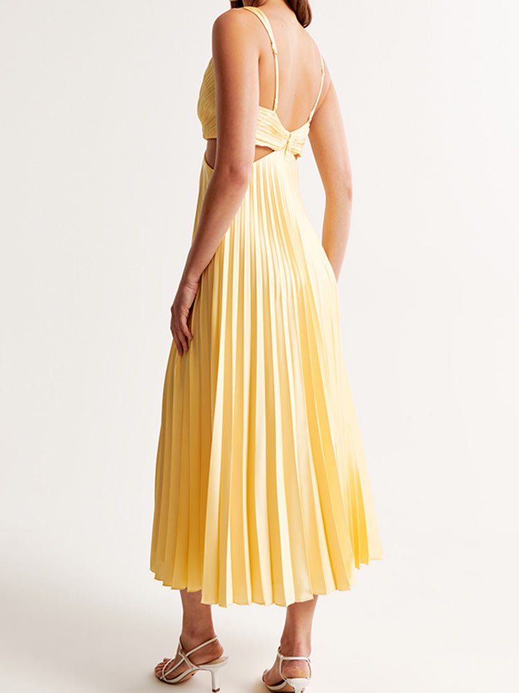 Elegant Maxi Dress for Women Pleated Cut-Out V-Neck