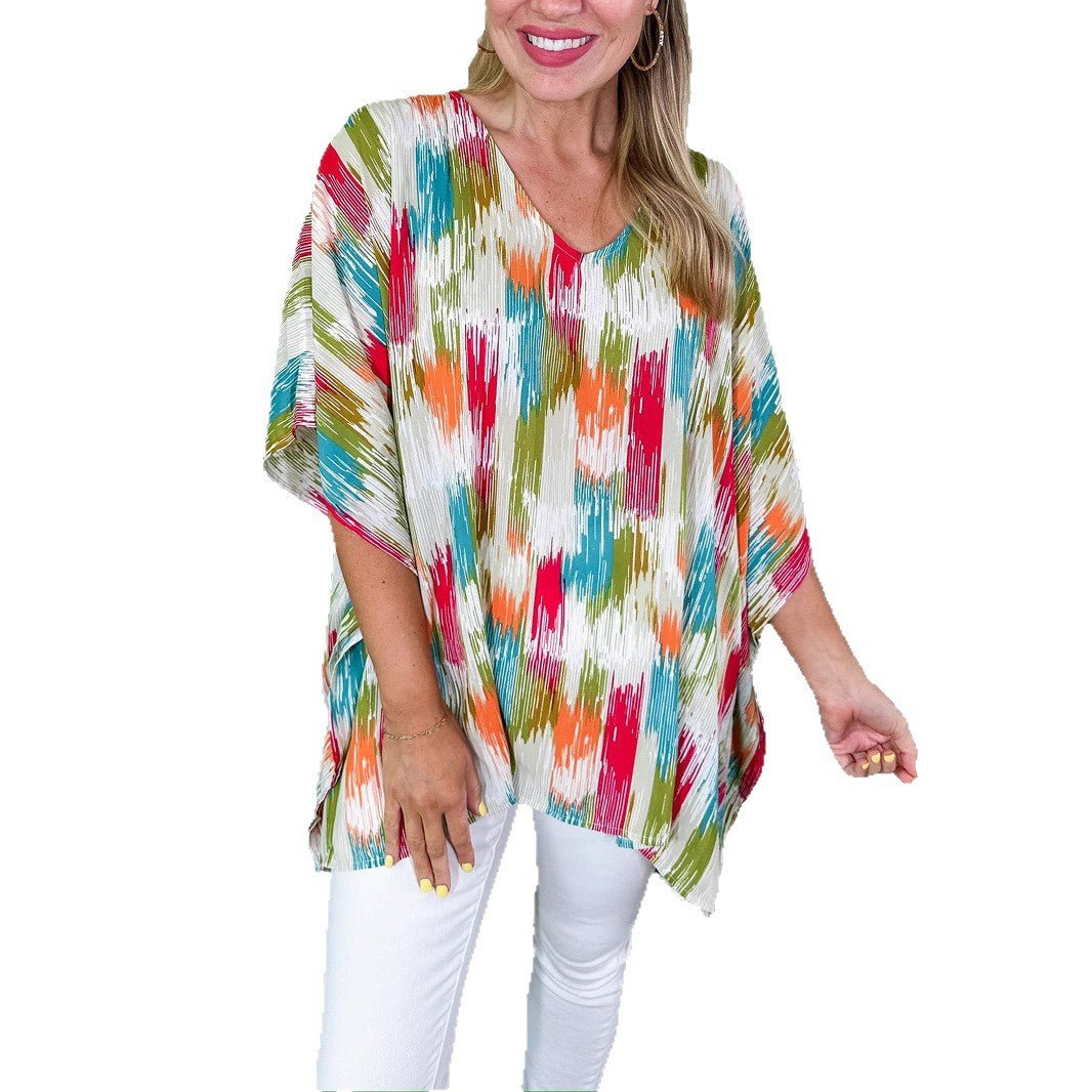Stylish Tunic Top for Women V-Neck Abstract-Print Oversized
