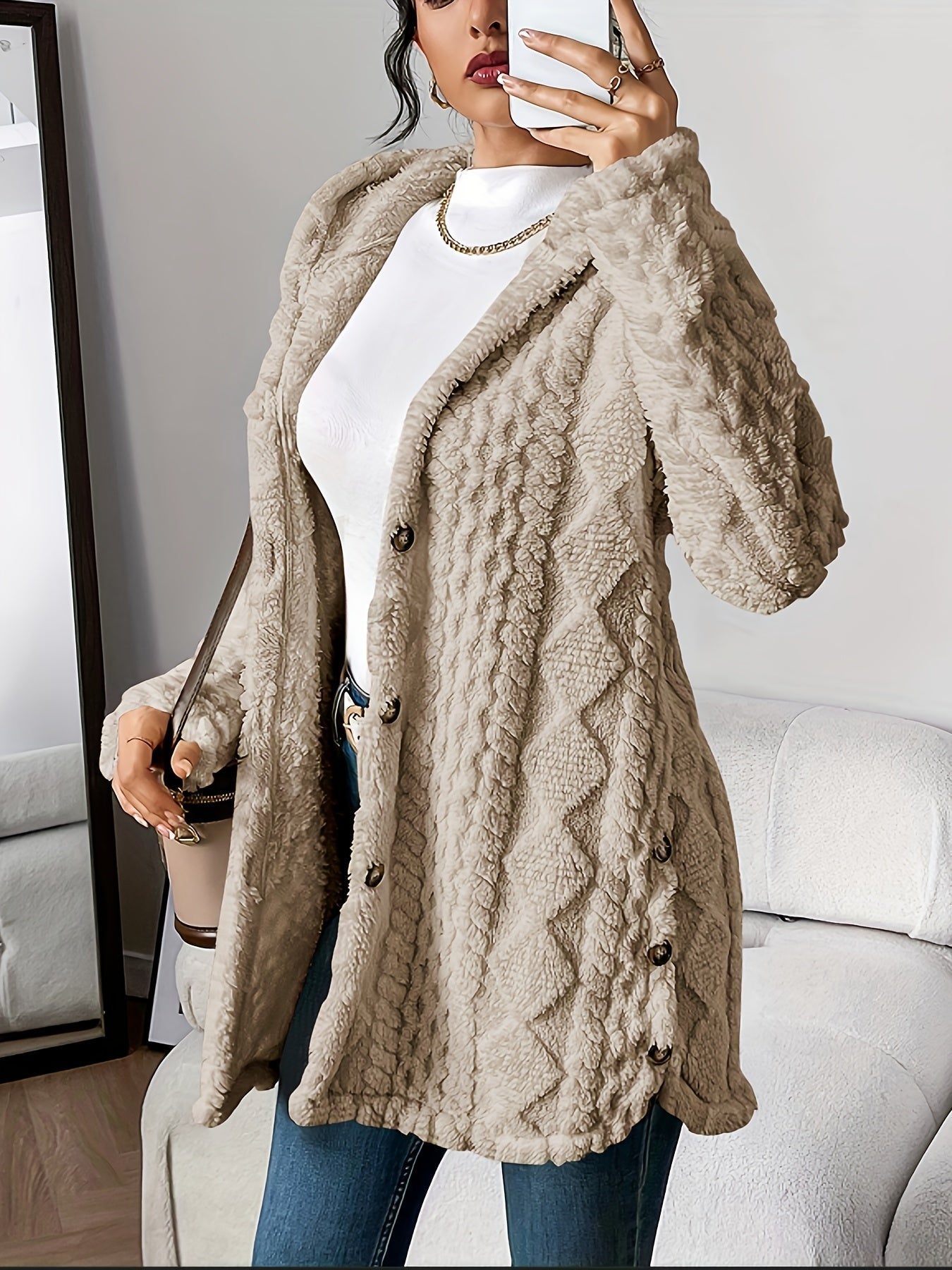 Comfortable Teddy Coat for Women Plush Hooded Button-Front