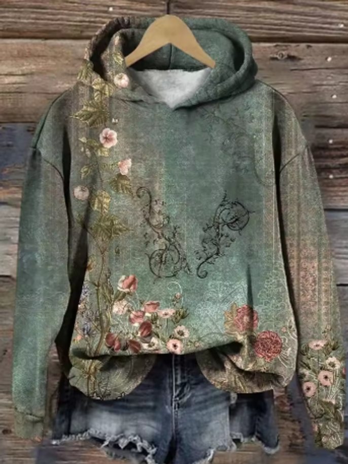 Stylish Hooded Sweater for Women Floral-Print Relaxed-Fit