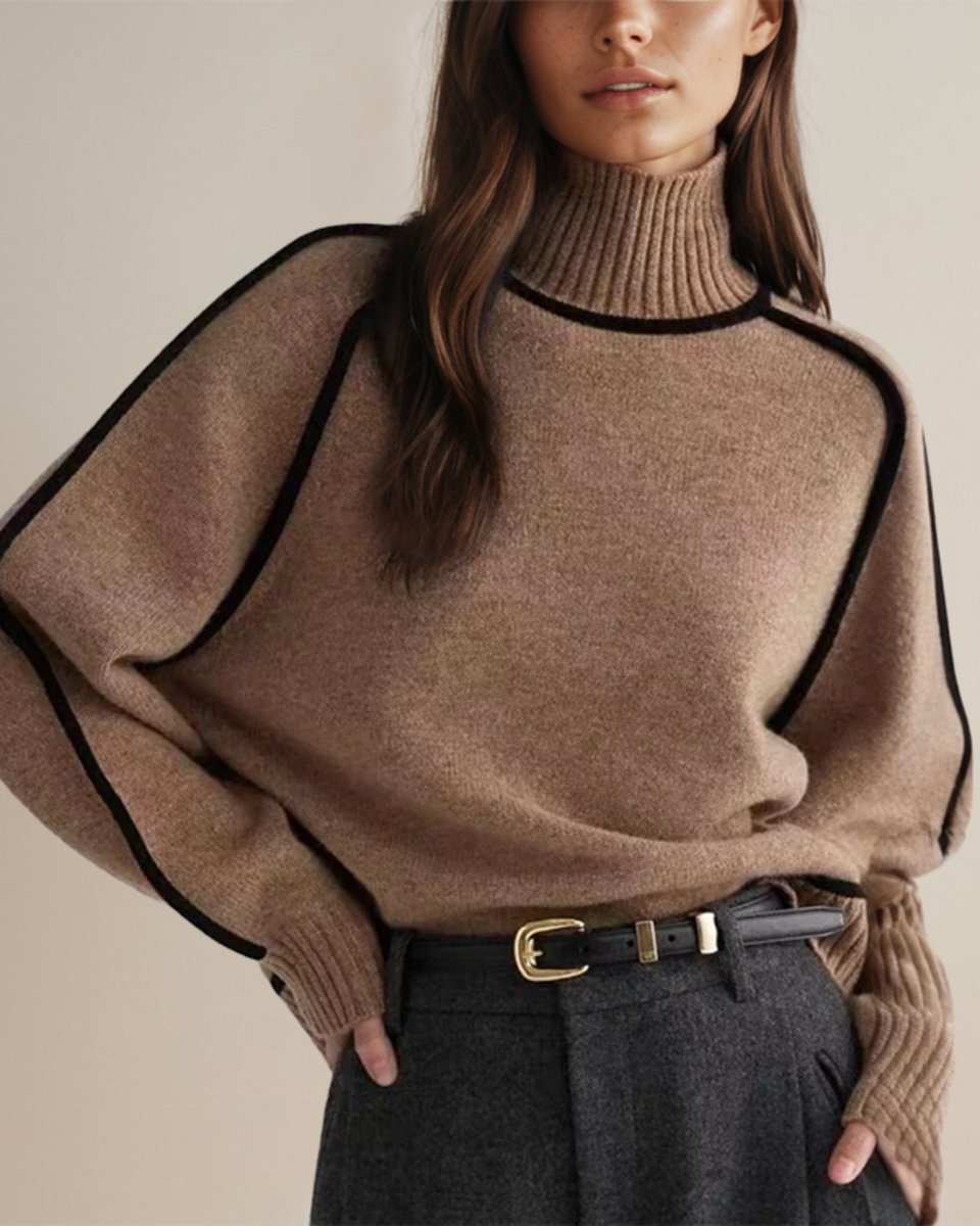 Stylish Turtleneck Sweater for Women Lantern-Sleeve Contrast-Trim