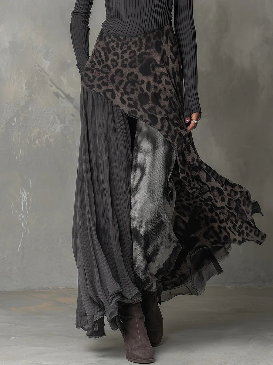 Stylish Maxi Dress for Women Asymmetric-Hem Animal-Print Long-Sleeve