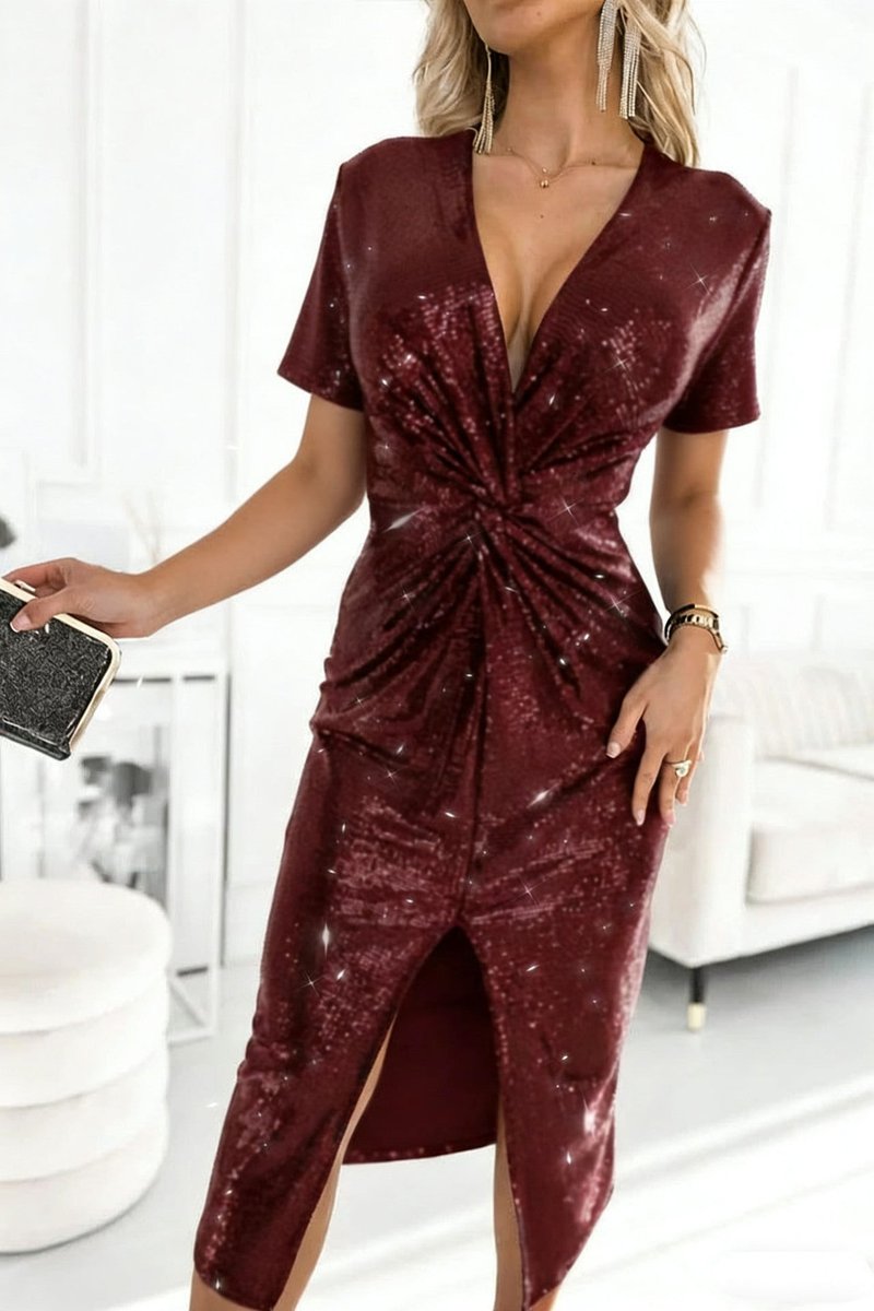 Elegant Midi Dress for Women Sequin Deep-V Twist-Front