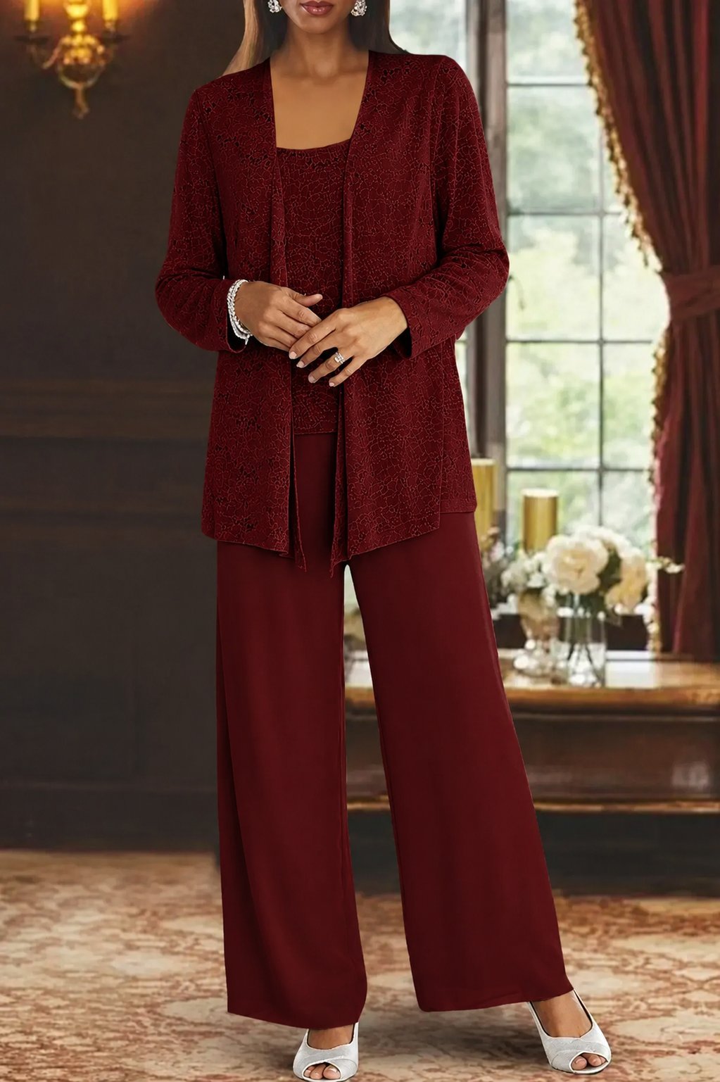 Elegant Pants Suit for Women Sequined Long-Sleeve Wide-Leg
