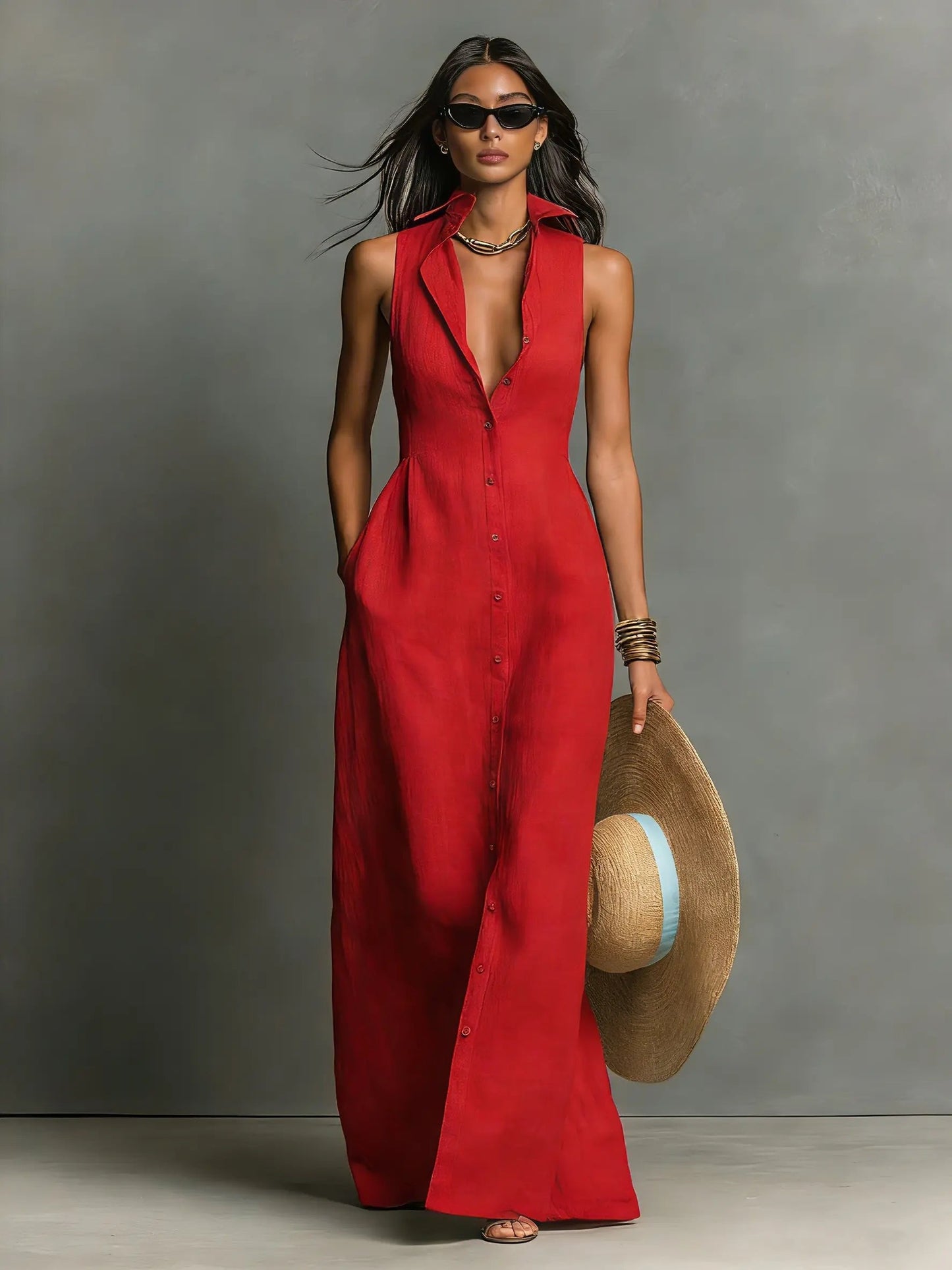 Effortless Shirt Dress for Women Sleeveless Collared Button-Front