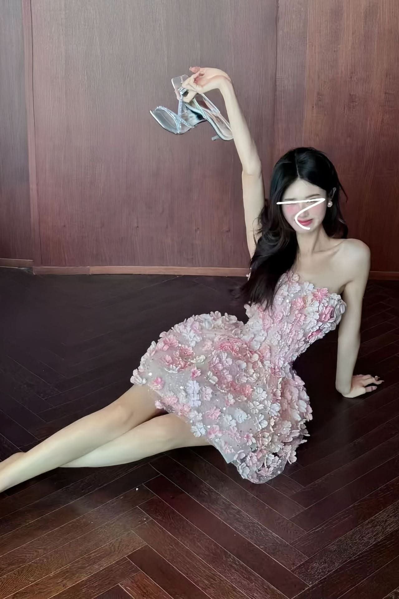 Elegant Mini Dress for Women Strapless Floral Embellished