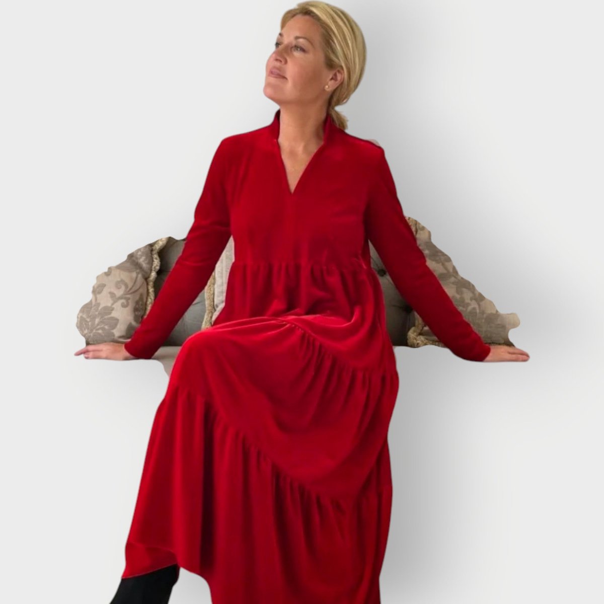 Elegant Maxi Dress for Women Velvet Tiered Long-Sleeve