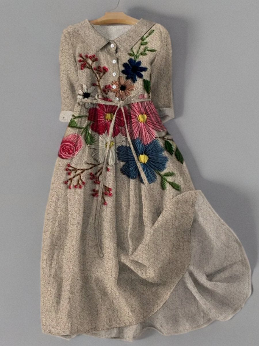 Elegant Midi Dress for Women Embroidered Belted Collared