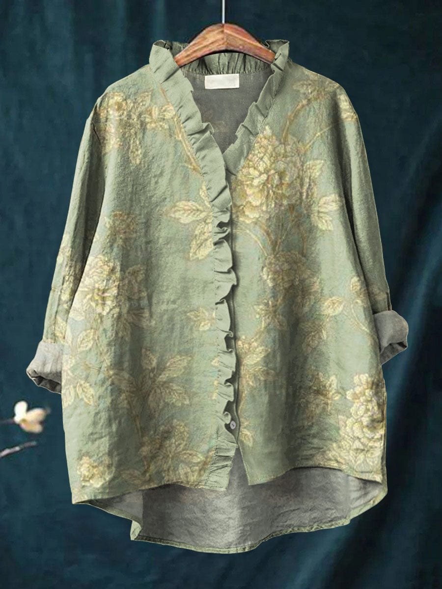 Elegant Blouse for Women Ruffle-Neck Floral-Print Long-Sleeve