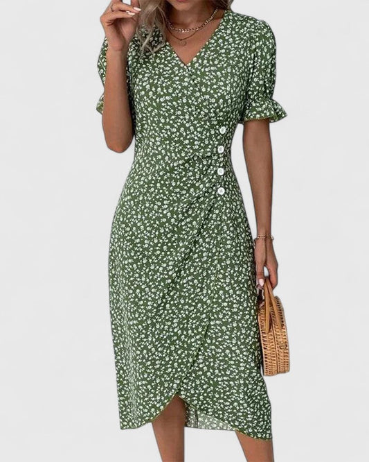 Comfortable Wrap Midi Dress for Women V-Neck Floral-Print Button-Detail