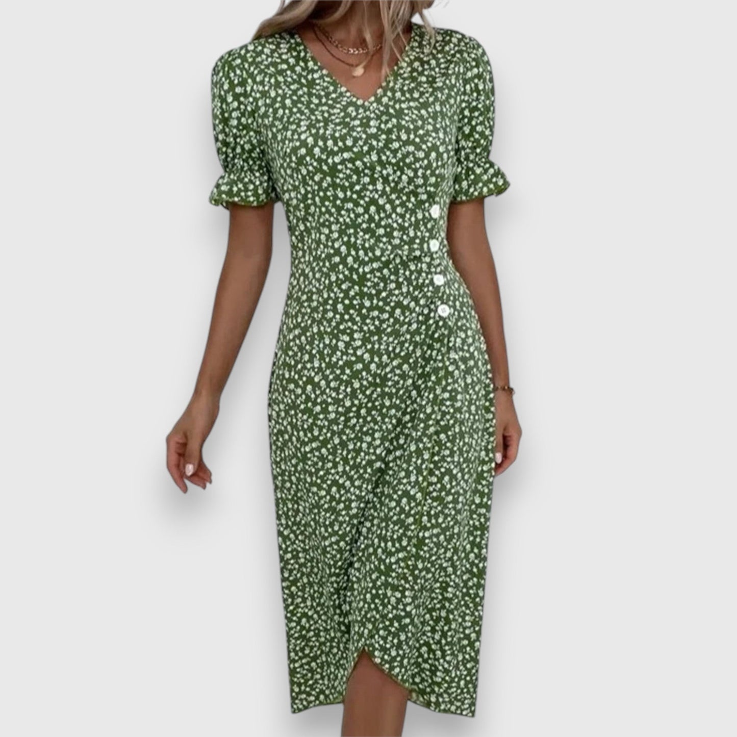 Elegant Midi Dress for Women Floral-Print Ruffle-Sleeve