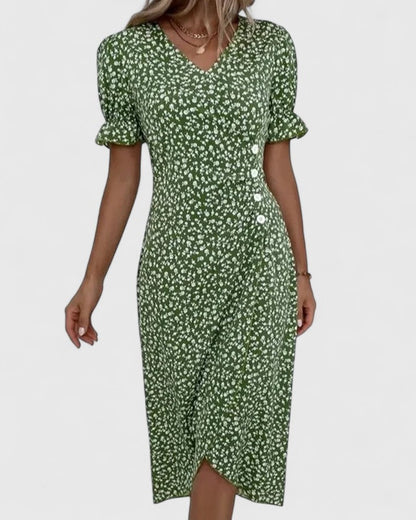 Comfortable Wrap Midi Dress for Women V-Neck Floral-Print Button-Detail