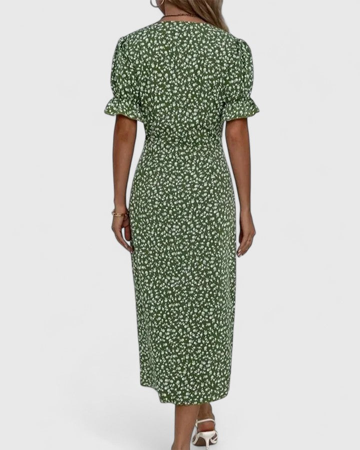 Comfortable Wrap Midi Dress for Women V-Neck Floral-Print Button-Detail