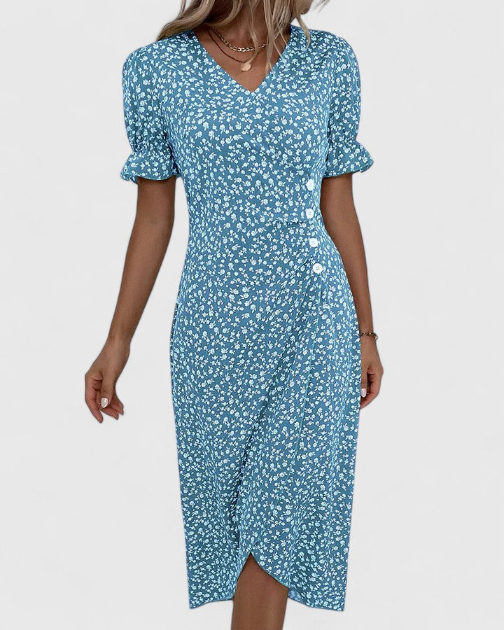 Comfortable Wrap Midi Dress for Women V-Neck Floral-Print Button-Detail