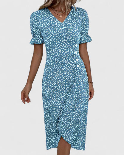Comfortable Wrap Midi Dress for Women V-Neck Floral-Print Button-Detail