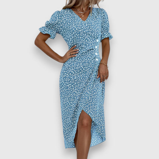 Elegant Midi Dress for Women Floral-Print Ruffle-Sleeve