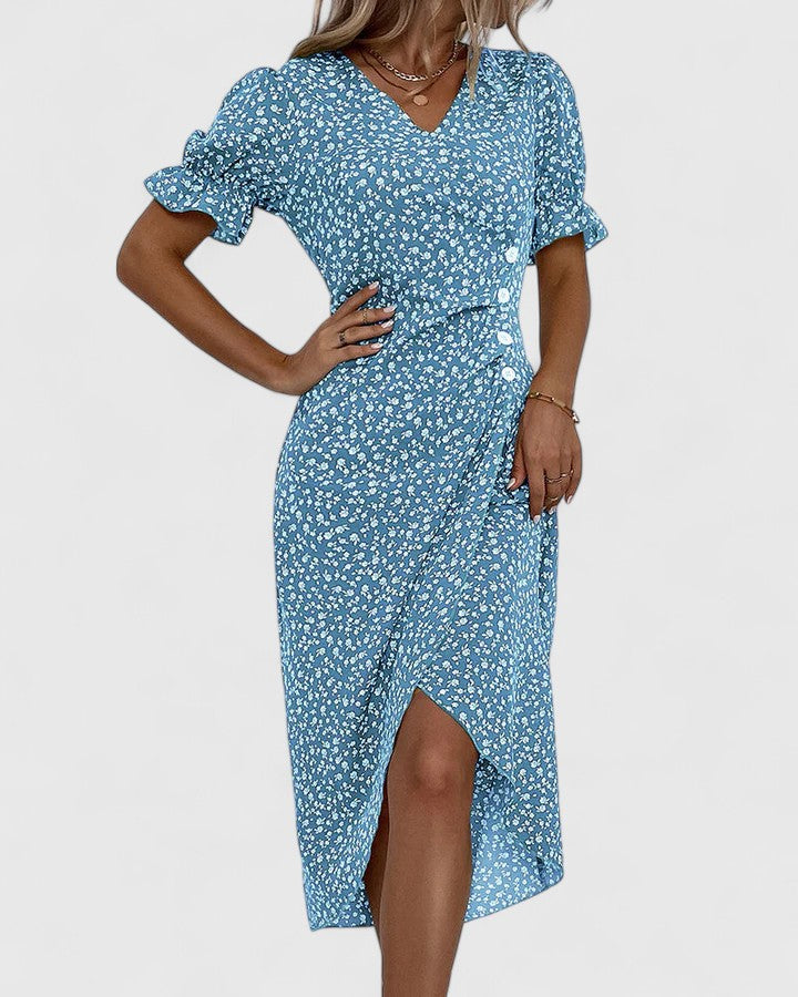Comfortable Wrap Midi Dress for Women V-Neck Floral-Print Button-Detail