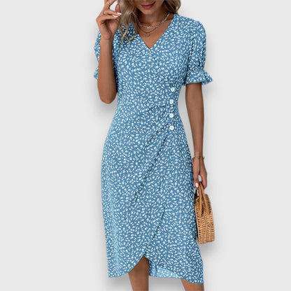 Elegant Midi Dress for Women Floral-Print Ruffle-Sleeve